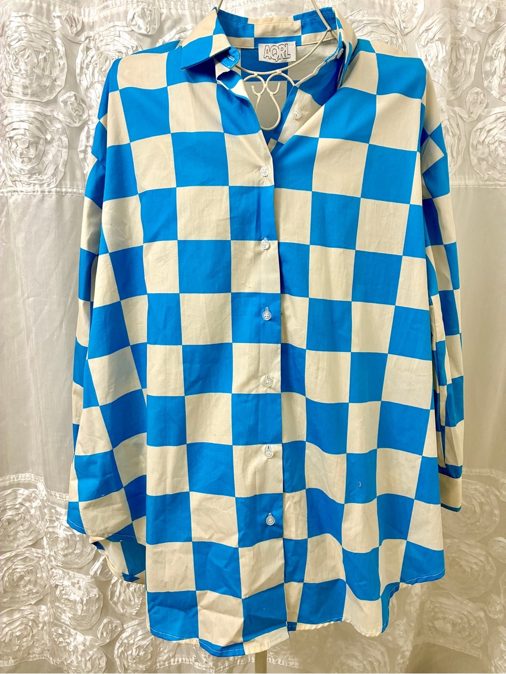 AQRL Blue and Cream Checkerboard Button-Up Shirt one size tunics style relaxed
